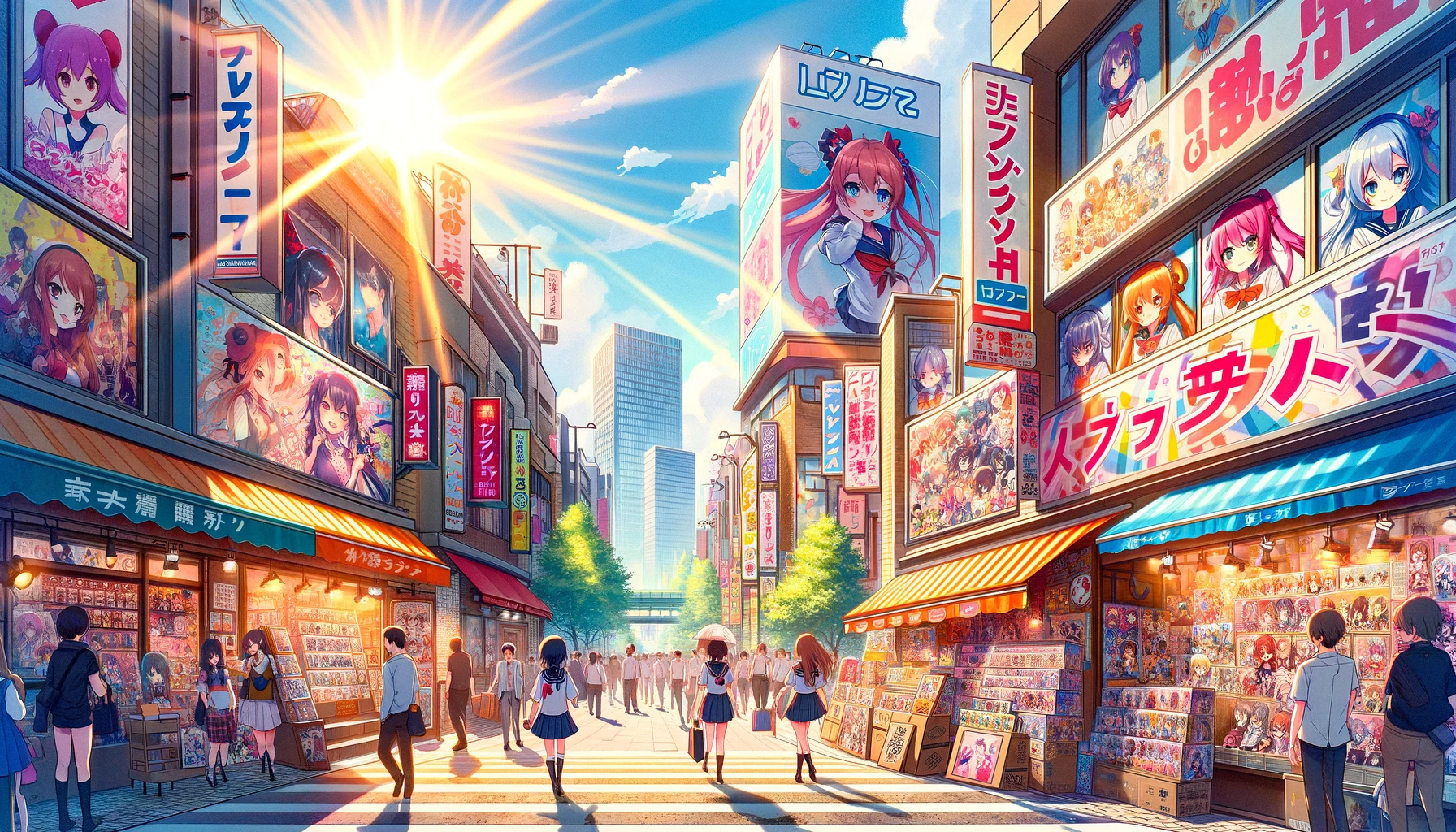 Daytime street scene in Akihabara, Tokyo, featuring anime fans exploring shops with anime posters and figurines displayed in windows, all under a bright, clear sky, capturing the vibrant and whimsical atmosphere of Japan's anime culture.